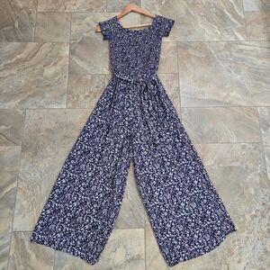 Lulus Women's Floral Smocked‎ Wide Leg Jumpsuit Navy Blue Size S